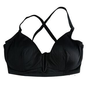 Shade & Shore Swimwear Women 36DD Black Stripe Bikini Top Padded Cross Strap NWT